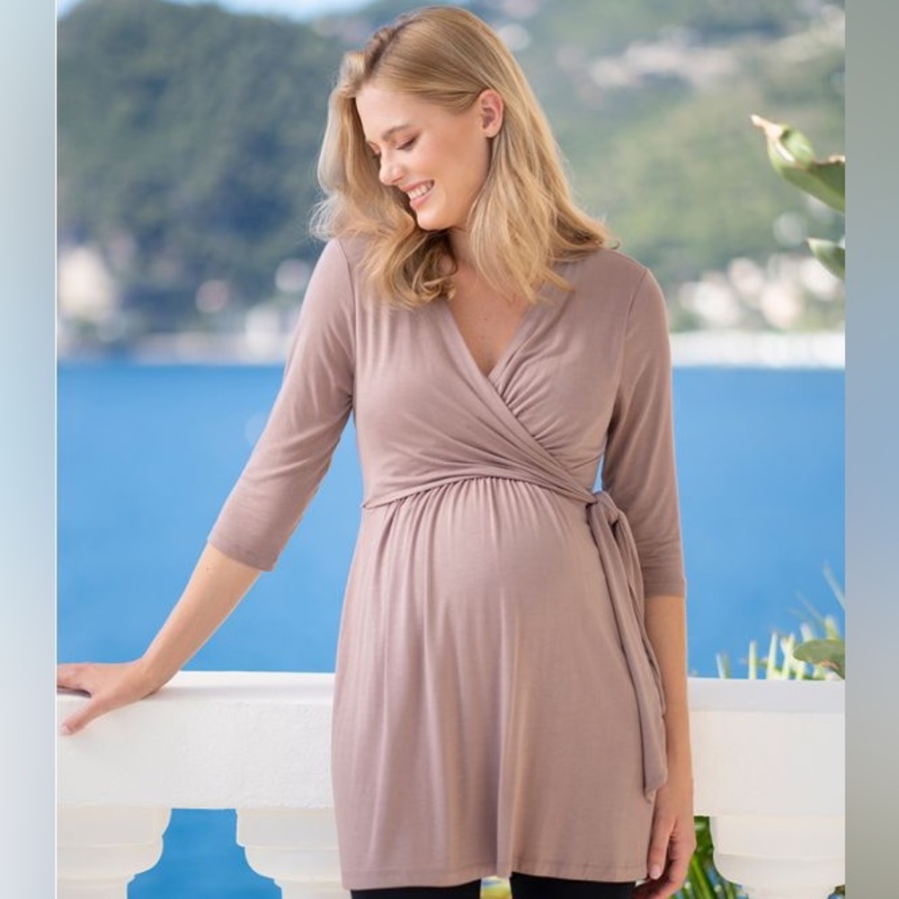 Seraphine Jersey Wrap Maternity & Nursing Tunic - Taupe